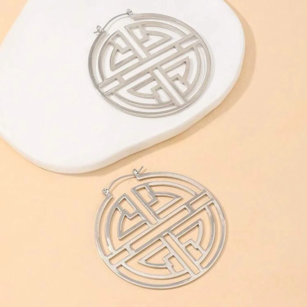 Silver Hoop Geometric Cutout Statement Earrings